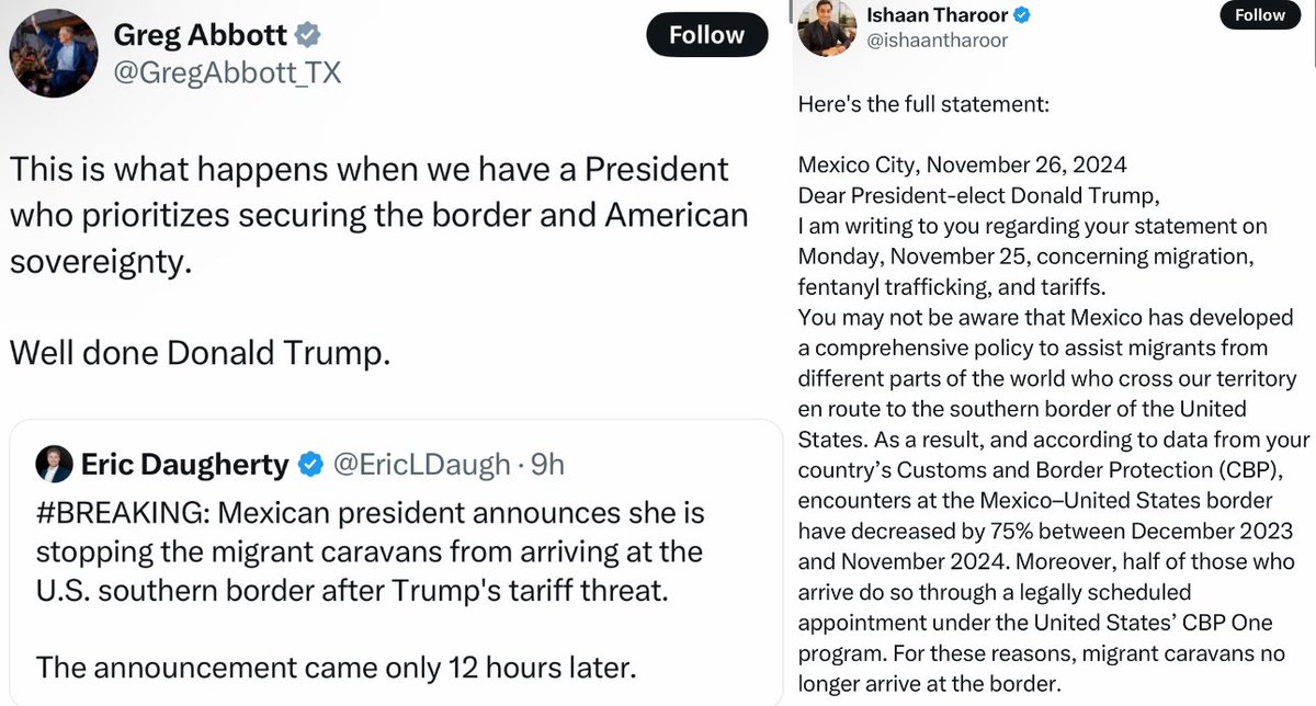 LEFT: Texas Governor <a href="/GregAbbott_TX/">Greg Abbott</a> lies about what Mexico’s president just said about stopping caravans 🤥 

RIGHT: What she actually said 👇🏽