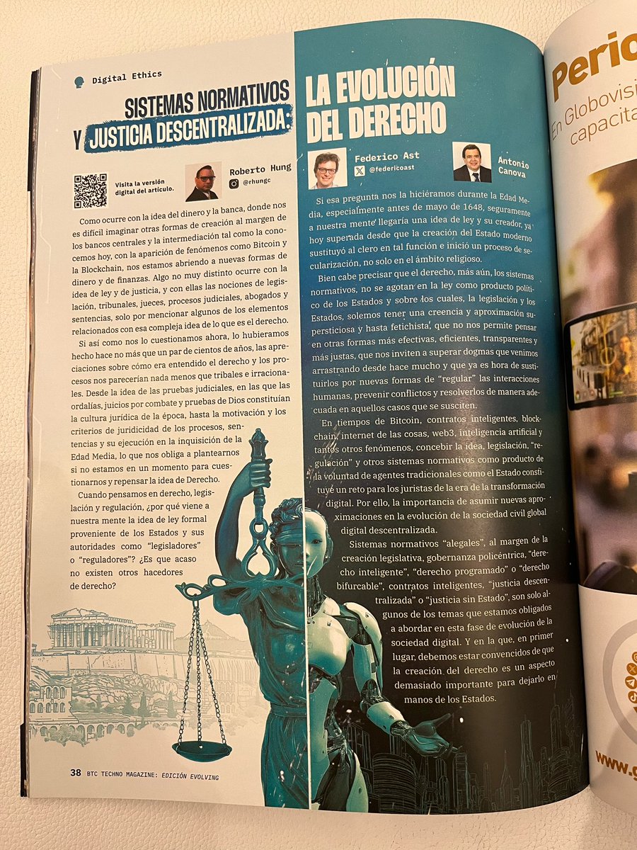 Federico Ast (@federicoast) on Twitter photo "Sistemas normativos y justicia descentralizada: la evolución del derecho".
Mi artículo junto con <a href="/robertohungc/">Roberto Hung</a> y <a href="/antoniocanovag/">Antonio Canova</a> en la última edición de la revista <a href="/btctechnomag/">BTC Techno Magazine</a>! 🙌🙌🙌 "Sistemas normativos y justicia descentralizada: la evolución del derecho".
Mi artículo junto con <a href="/robertohungc/">Roberto Hung</a> y <a href="/antoniocanovag/">Antonio Canova</a> en la última edición de la revista <a href="/btctechnomag/">BTC Techno Magazine</a>! 🙌🙌🙌