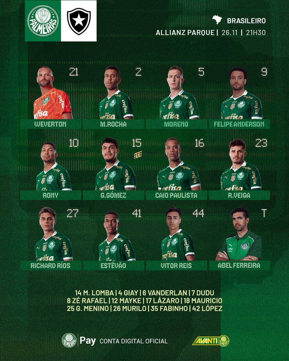 Palmeiras's tweet photo. Eu tô é pronto! Nossos 11 iniciais estão escalados! 📋

#AvantiPalestra #PALxBOT https://t.co/ABYaZB2fpa