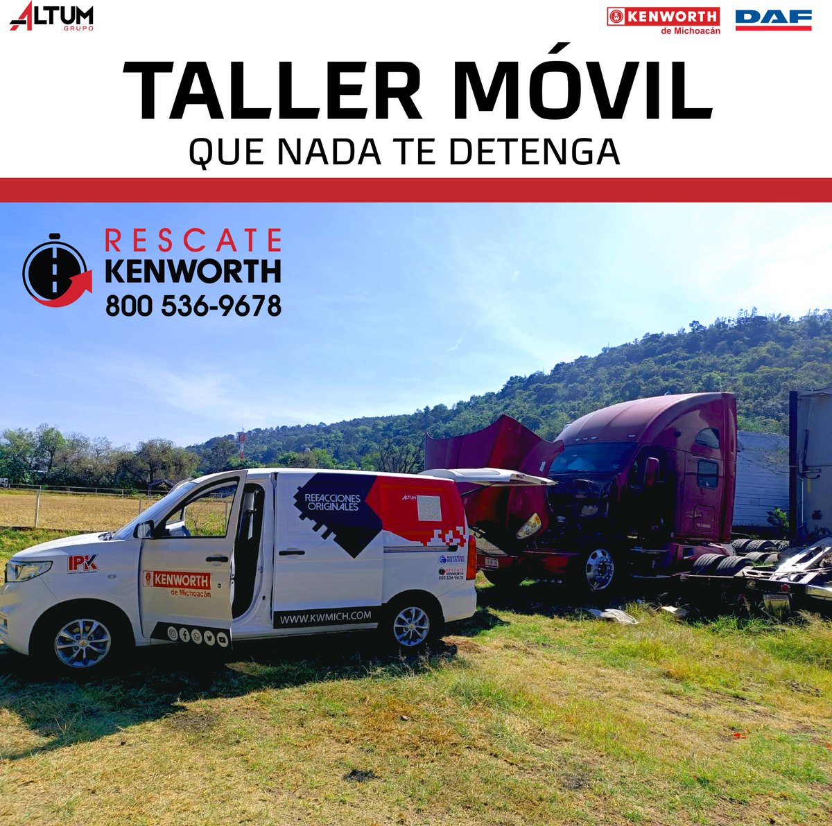 KWMich's tweet photo. TALLER MÓVIL 
Mantén tus unidades en el camino, sin necesidad de trasladarte a nuestras sucursales. Nuestro equipo de Taller Móvil está para ti
Hacemos una cotización a tu medida programa tu cita
#kenworthDAFdeMichoacan #servicioadomilicio #taller #grupoaltum #TallerMovil https://t.co/2zfPyIDV6h