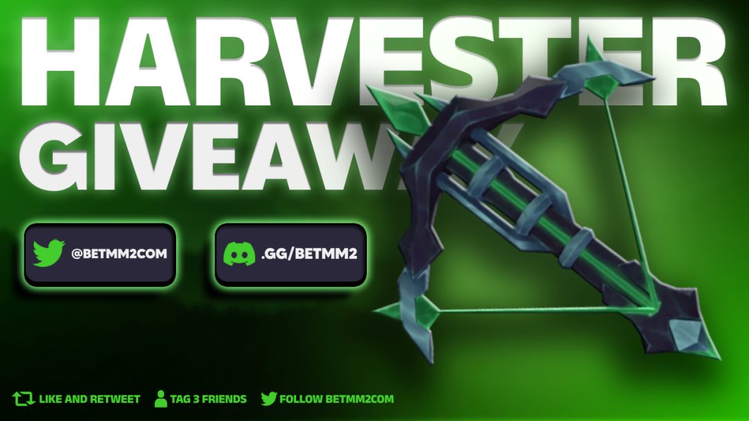 betmm2com's tweet photo. 1x Harvester #Giveaway  🌲

To Enter ✨:

🟢 - Like &amp; RT

🟢 - Tag 3 Friends and comment your discord @

🟢 - Follow @betmm2com 

Rolling on 3rd Dec 🎅⌛️

Goodluck! 👀🍀

#mm2 #GiveawayAlert #robux #harvester https://t.co/HtcXJQsi74