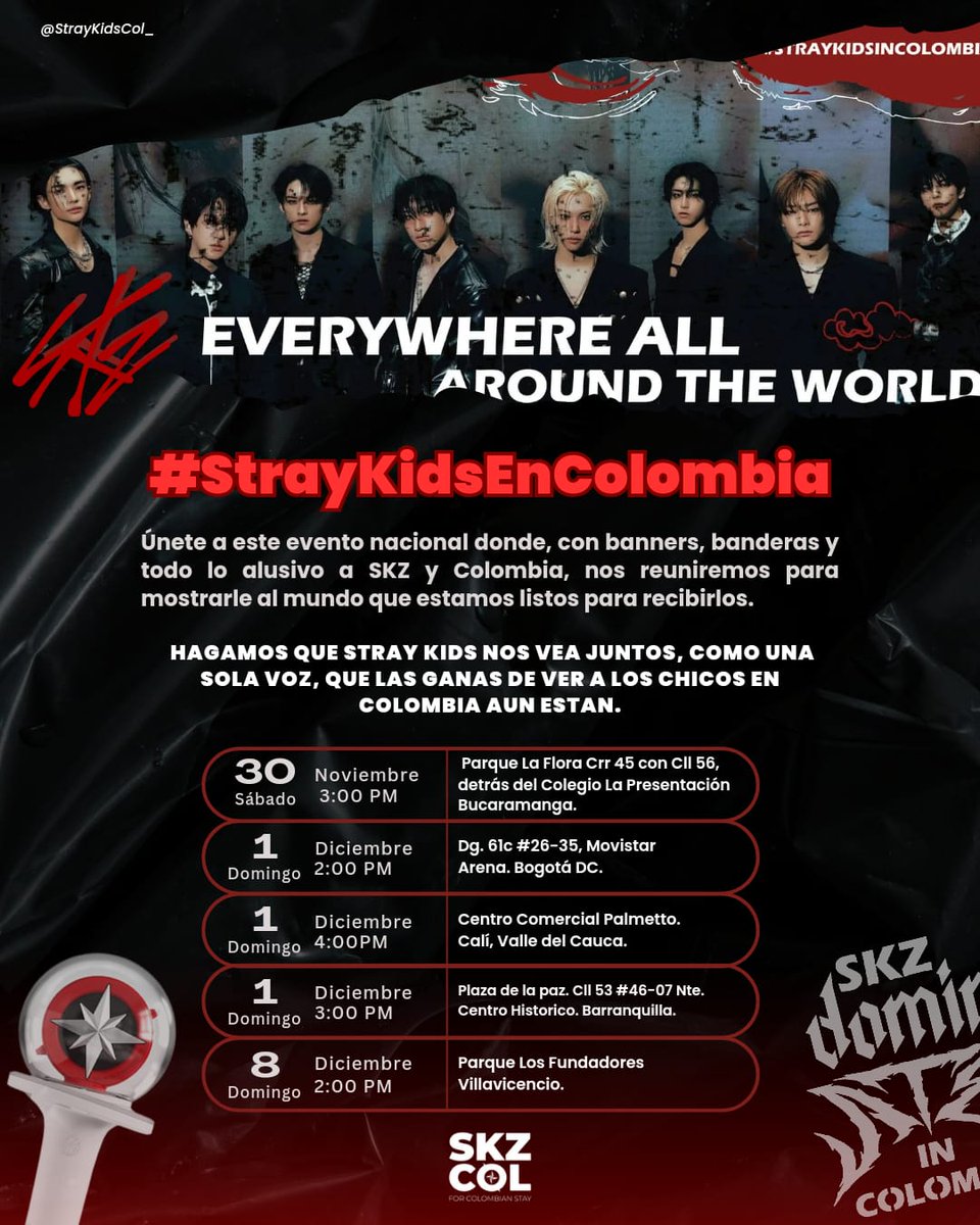 📣 ¡STAY! Este es el momento de demostrar que Colombia quiere a STRAY KIDS 🇨🇴✨

Únete al proyecto #StrayKidsEnColombia, una iniciativa que busca reunir a todas las STAY a nivel nacional para mostrar nuestro amor por Stray Kids y dejar claro que queremos tenerlos en nuestro país.