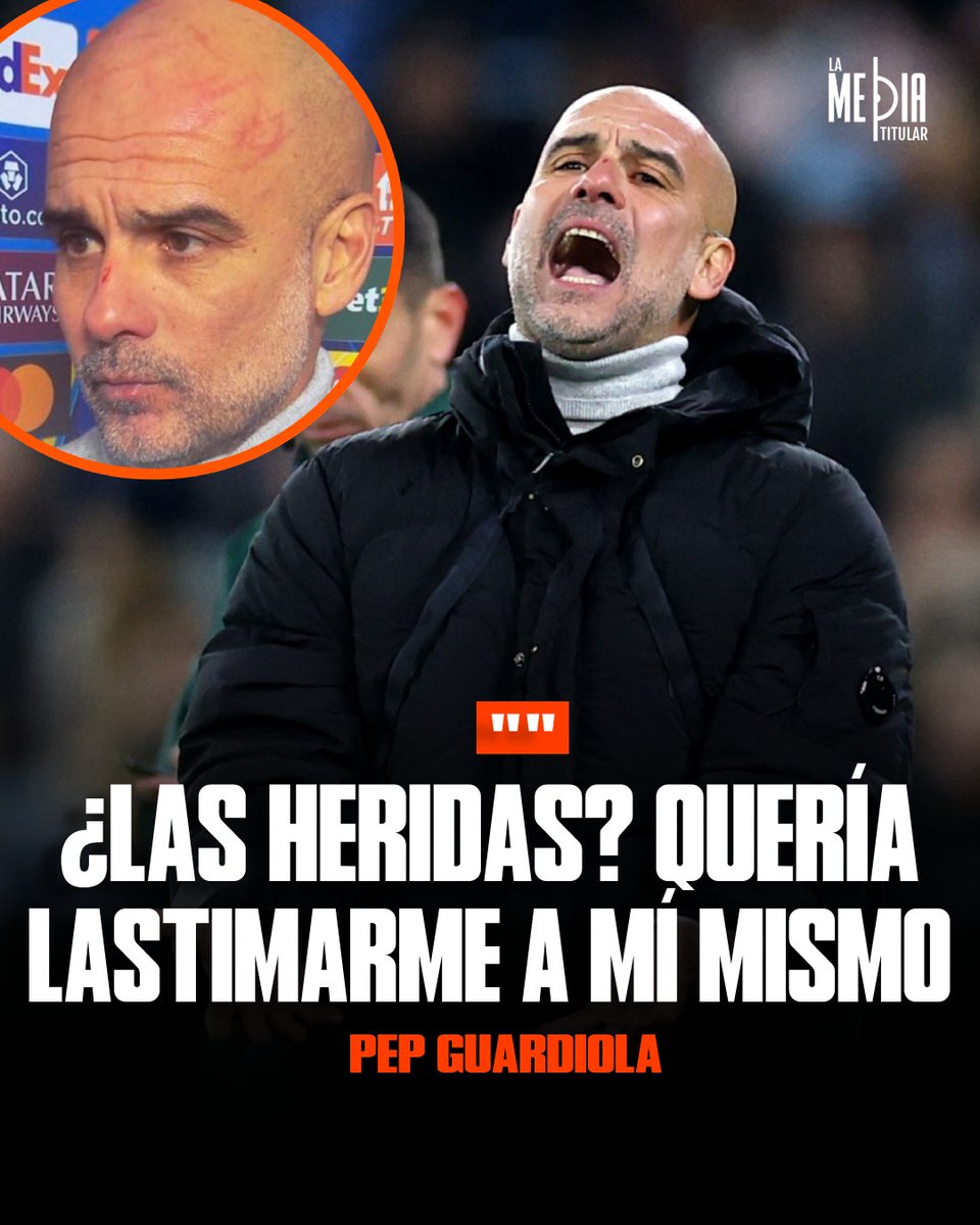 Lamediatitular's tweet photo. ¡ESTRESADO! 😱

Tras el empate 3-3 ante el Feyenoord, Pep Guardiola salió en rueda de prensa con rasguños en la cabeza y un corte en la nariz y confesó hacerse daño a sí mismo.

#PepGuardiola #ManCity https://t.co/d8tTBN5A65