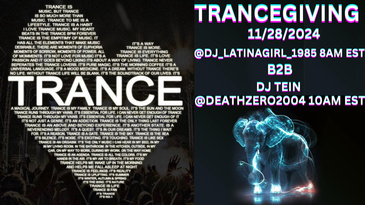 djtein's tweet photo. ๐ถ Join me and DJ Latina Girl for Trancegiving! ๐ Four hours of the best progressive and trance music to kick off your Thanksgiving holiday! ๐ง Starting at 8am EST
#Trancegiving #TranceVibes #ProgressiveBeats #HolidayMusic #LiveOnTwitch ๐ https://t.co/Y9N0mhkGON https://t.co/fczk8N0inK