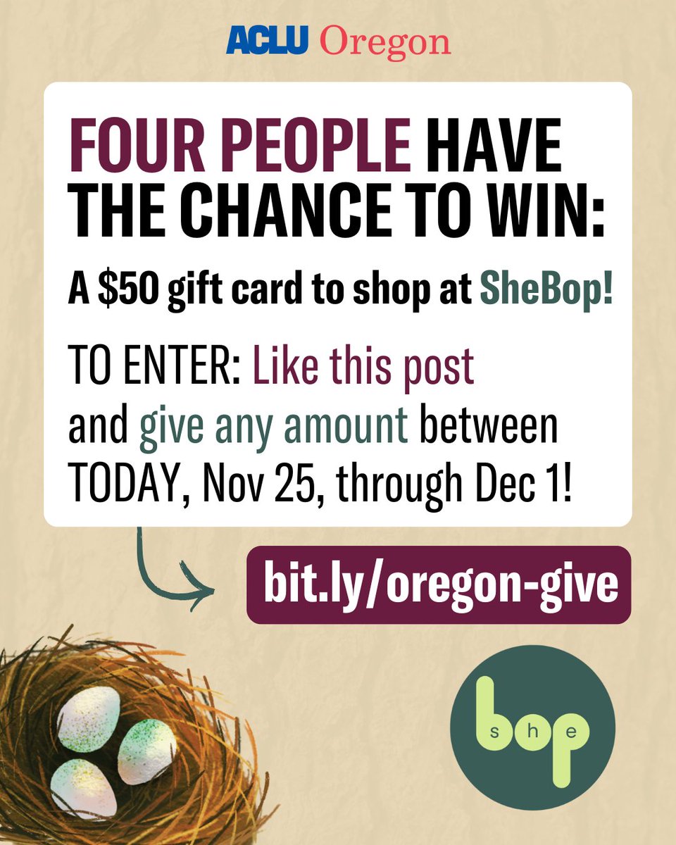 ACLU of Oregon (@aclu_or) on Twitter photo 💥 It’s Give Back Week! FOUR PEOPLE have the chance to win a $50 gift card to shop at SheBop, online or in store If you LIKE this post and give ANY amount or become a donor from today till Sunday (12/1). Check out the link below to WIN! bit.ly/oregon-give. 💥 It’s Give Back Week! FOUR PEOPLE have the chance to win a $50 gift card to shop at SheBop, online or in store If you LIKE this post and give ANY amount or become a donor from today till Sunday (12/1). Check out the link below to WIN! bit.ly/oregon-give.
