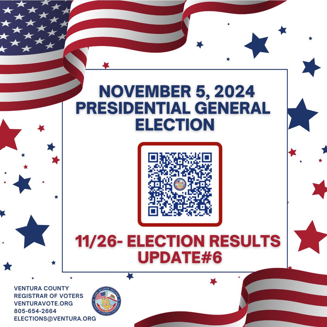 November 5, 2024 Election Results Update #6 is posted. Go to VenturaVote.org and press the results button or use the QR Code. Final update next week, Tuesday, December 3.