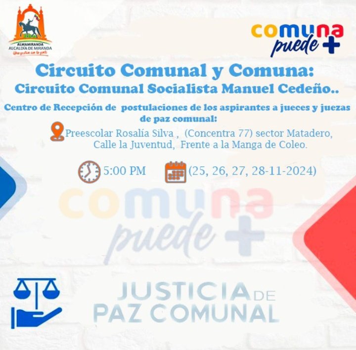 Circuito Comunal y Comuna;
Postulaciones para los Jueces y Juezas para Paz Comunal en nuestro municipio Miranda.
Asiste!!!
<a href="/NicolasMaduro/">Nicolás Maduro</a>
<a href="/dcabellor/">Diosdado Cabello R</a>
<a href="/rafaellacava10/">Rafael Lacava</a>
<a href="/CaraboboGB/">Gobierno de Carabobo</a>
#26Nov
#Carabobo
Sistema Patria Movilnet
Yván Gil 
Indira Urbaneja
Chacao

#GringosVáyanseAlCarajo