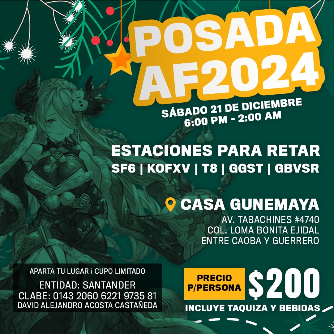 ¿Quieres pasar las fechas navideñas con tu comunidad favorita? Lástima que no podrás y te tendrás que conformar con los de <a href="/af_gdl/">Astral Finish | AF26 - 14 y 15 de Noviembre</a> 🥳

🔹Retas, taquiza y convivencia 👊
🔹$200 P/Persona ¡Aparta tu lugar!

Te esperamos, tendremos setups de #SF6, #T8, #KOFXV, #GGST y #GBVSR 🔥