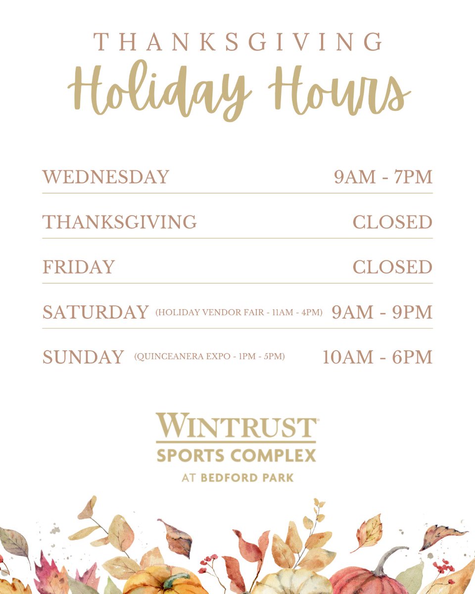 This week, Wintrust Sports Complex will have adjusted hours for the Thanksgiving holiday. Enjoy the holiday with your loved ones, and we’ll see you back on the courts soon! 🏀🏐🍁 #ThanksgivingHours #WintrustSportsComplex