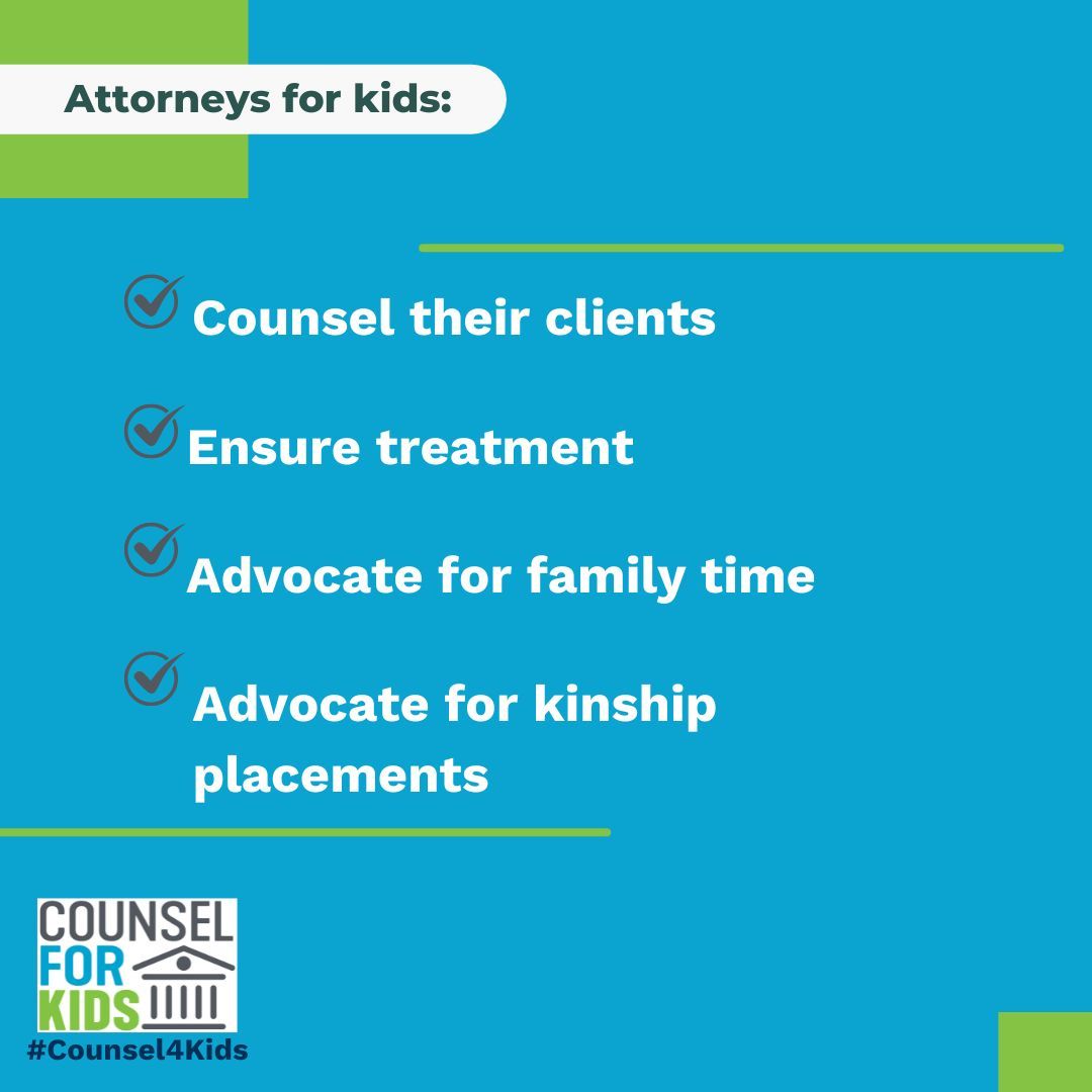 #Counsel4Kids is dedicated to ensuring that all children involved in child welfare cases have the right to counsel.  

Learn more about the Counsel for Kids campaign: buff.ly/3qgz6Hk 

#childwelfare #attorneys #advocacy #righttocounsel