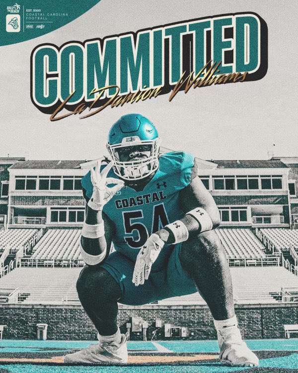 LaDamion “Dangg💥” Williams 🤧 (@dangbangout51) on Twitter photo #AGTG I Am Blessed To Announce That I Will Be Committing To Coastal Carolina 🏝️👌🏾! #BallAtTheBeach #ChantsUp
<a href="/CoastalFootball/">Coastal Football</a> <a href="/CoachDWarehime/">Derek Warehime</a> <a href="/CoachMattPearce/">Matt Pearce</a> <a href="/KyleWSteinhoff/">Kyle Steinhoff</a> <a href="/cliff_collins10/">Cliff Collins</a> <a href="/cbrownk73/">Christopher Brown</a> #AGTG I Am Blessed To Announce That I Will Be Committing To Coastal Carolina 🏝️👌🏾! #BallAtTheBeach #ChantsUp
<a href="/CoastalFootball/">Coastal Football</a> <a href="/CoachDWarehime/">Derek Warehime</a> <a href="/CoachMattPearce/">Matt Pearce</a> <a href="/KyleWSteinhoff/">Kyle Steinhoff</a> <a href="/cliff_collins10/">Cliff Collins</a> <a href="/cbrownk73/">Christopher Brown</a>