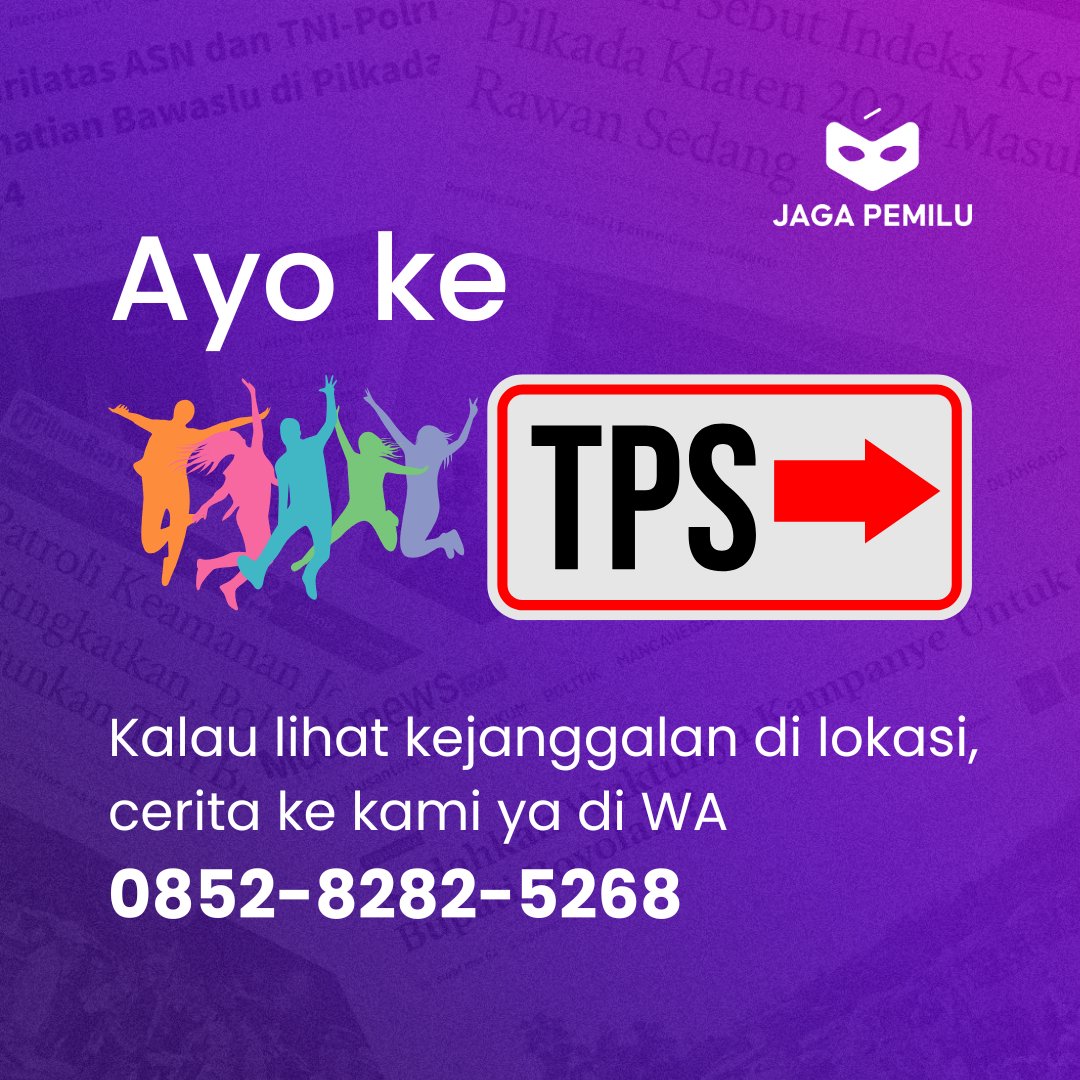 Yuk, hayuukkkk....! Jangan lupa perhatikan sekitar, ya. Kalau lihat pelanggaran di TPS, foto/video'in, lalu kirim berikut ceritanya ke WA 0852-8282-5268. Yuukkkk....! 

#Pilkada2024  #pilkadaserentak2024 #pilkada #TPS #nyoblos