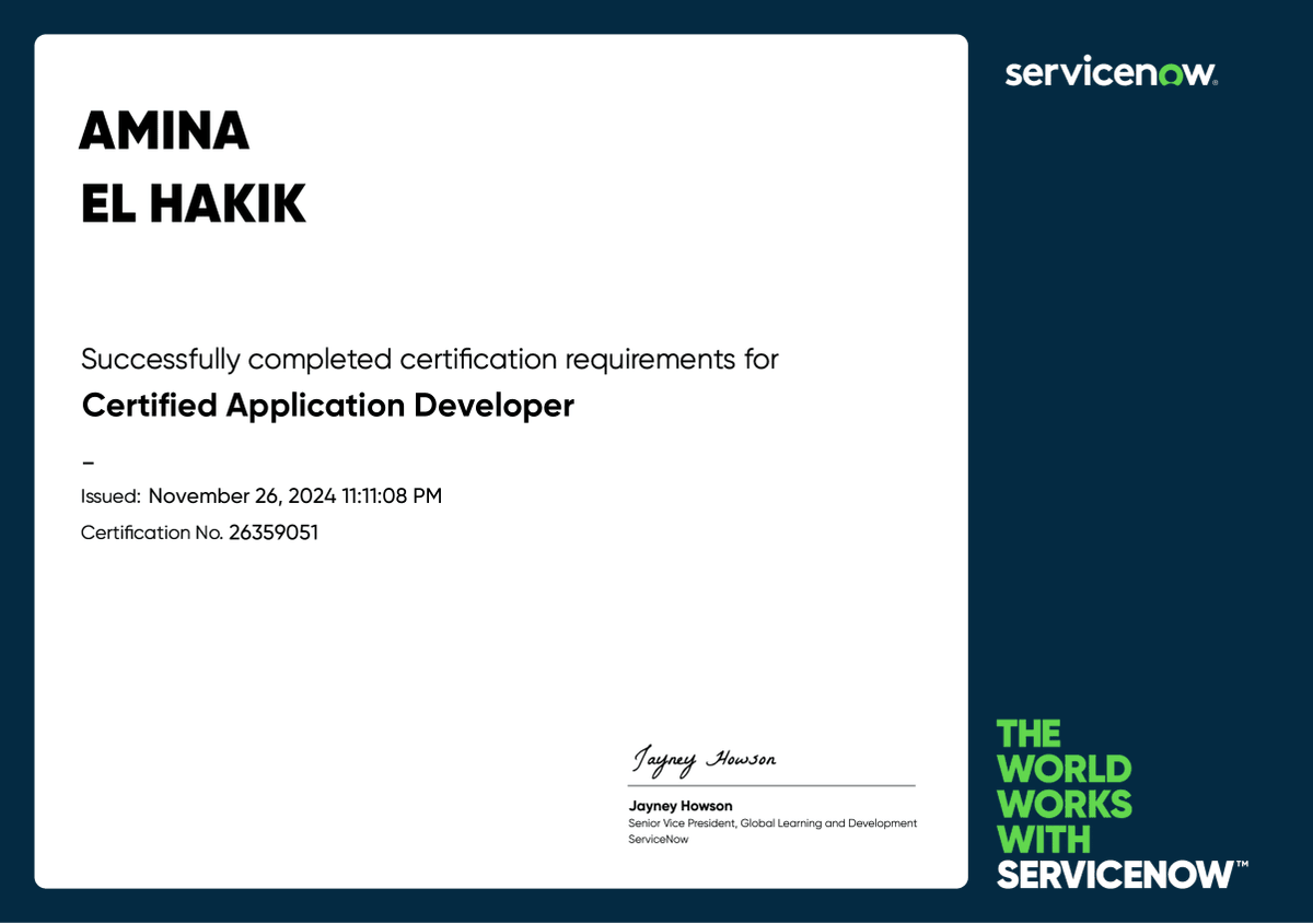 el_hakik_amina's tweet photo. ✨I've officially earned the ServiceNow Certified Application Developer (CAD) certification. 

#ServiceNow #CADCertification #CareerGrowth #TechAchievement #CertifiedDeveloper #ServiceNowDeveloper #TechInnovation https://t.co/hC4MdOGd2Q