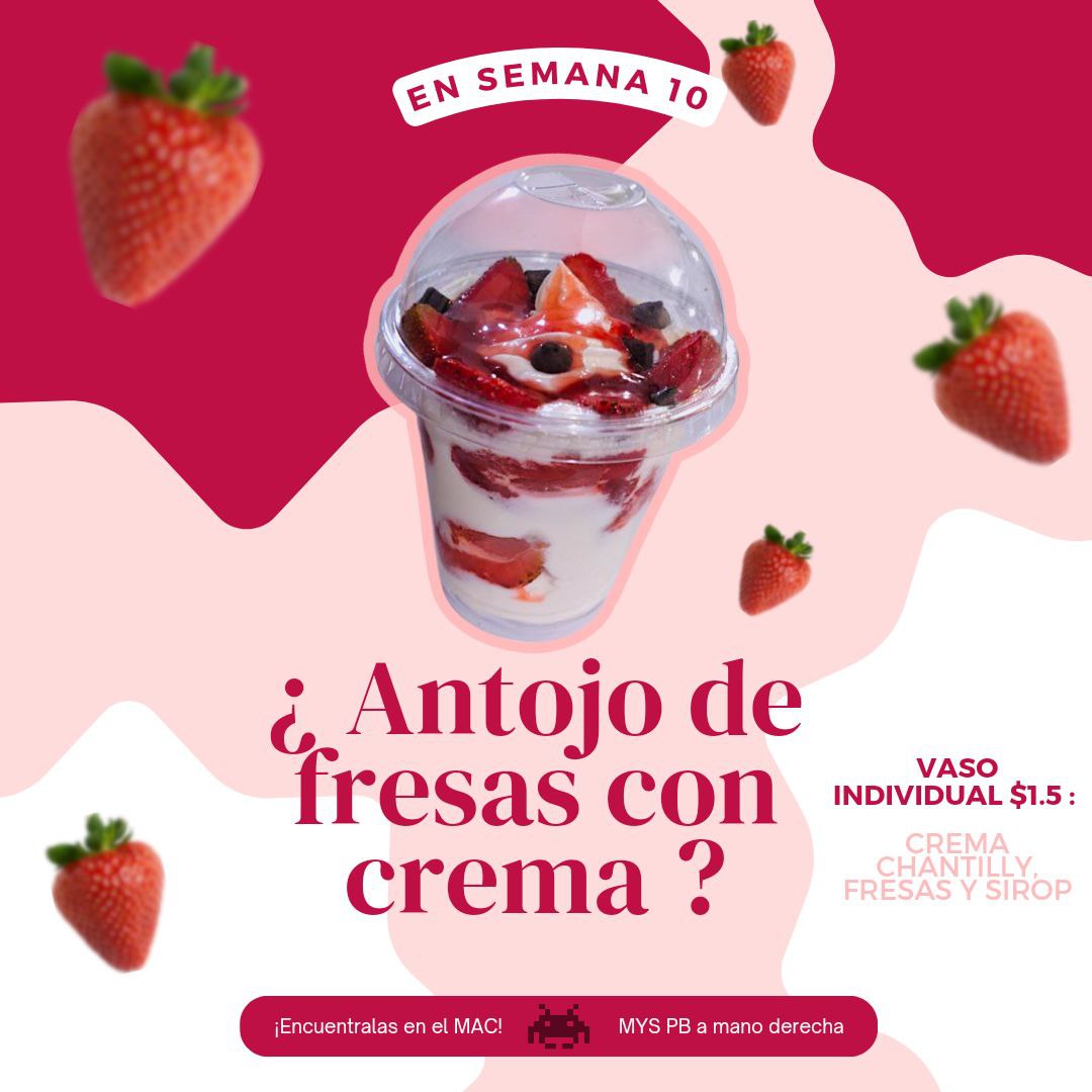 MAC_USBve's tweet image. Si eres amante de las fresas con crema y no encuentras en la universidad un lugar para comerlas, pues estás de suerte porque el MAC te trae esta delicia culinaria en semana 10. Acércate el jueves 28/11 a MYS PB a  la derecha  y llévate la tuya por tan solo 1.5$