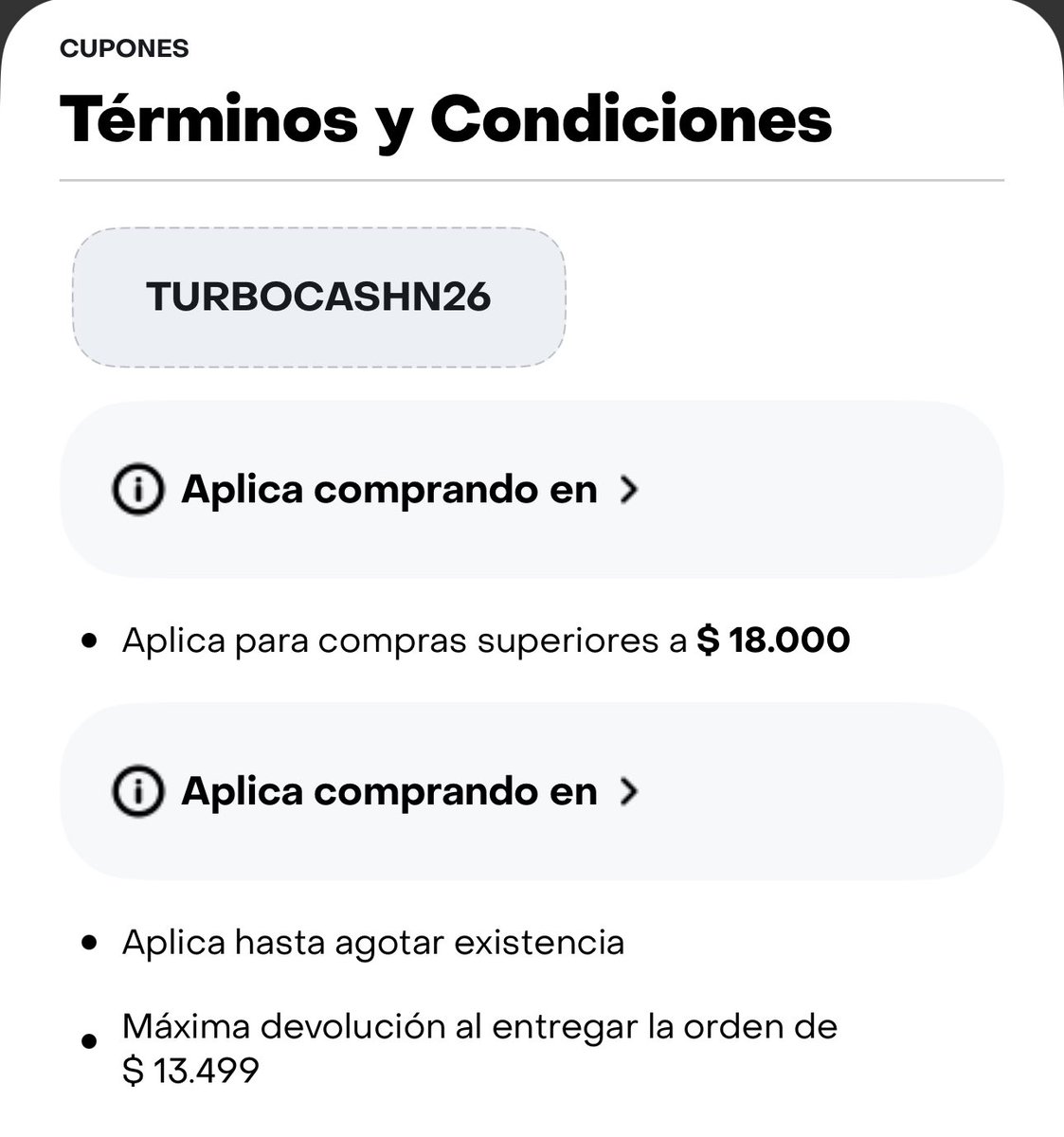 vmenditto's tweet photo. Gente 🔥 

Fíjense sin en Turbo de Rappis les aparece este cupón : yo lo tenía y desapareció cuando estaba por pagar 

Las condiciones son : compra mínima $18000 da un reintegro de $13000 

Cupón TURBOCASHN26

Yo ya no lo tengo más y obvio no lo llegue a usar 🙄 https://t.co/ROotFzKFxl