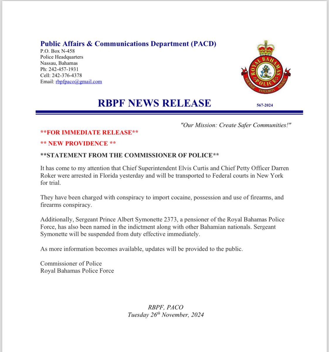 ZNSDigital's tweet photo. #breaking - Chief Superintendent Elvis Curtis and Chief Petty Officer Darren Roker were arrested in Florida and are set to be transported to Federal Court in New York to face charges, including conspiracy to import cocaine and firearms-related offenses. 

(1/2) https://t.co/OM2CinYgwK