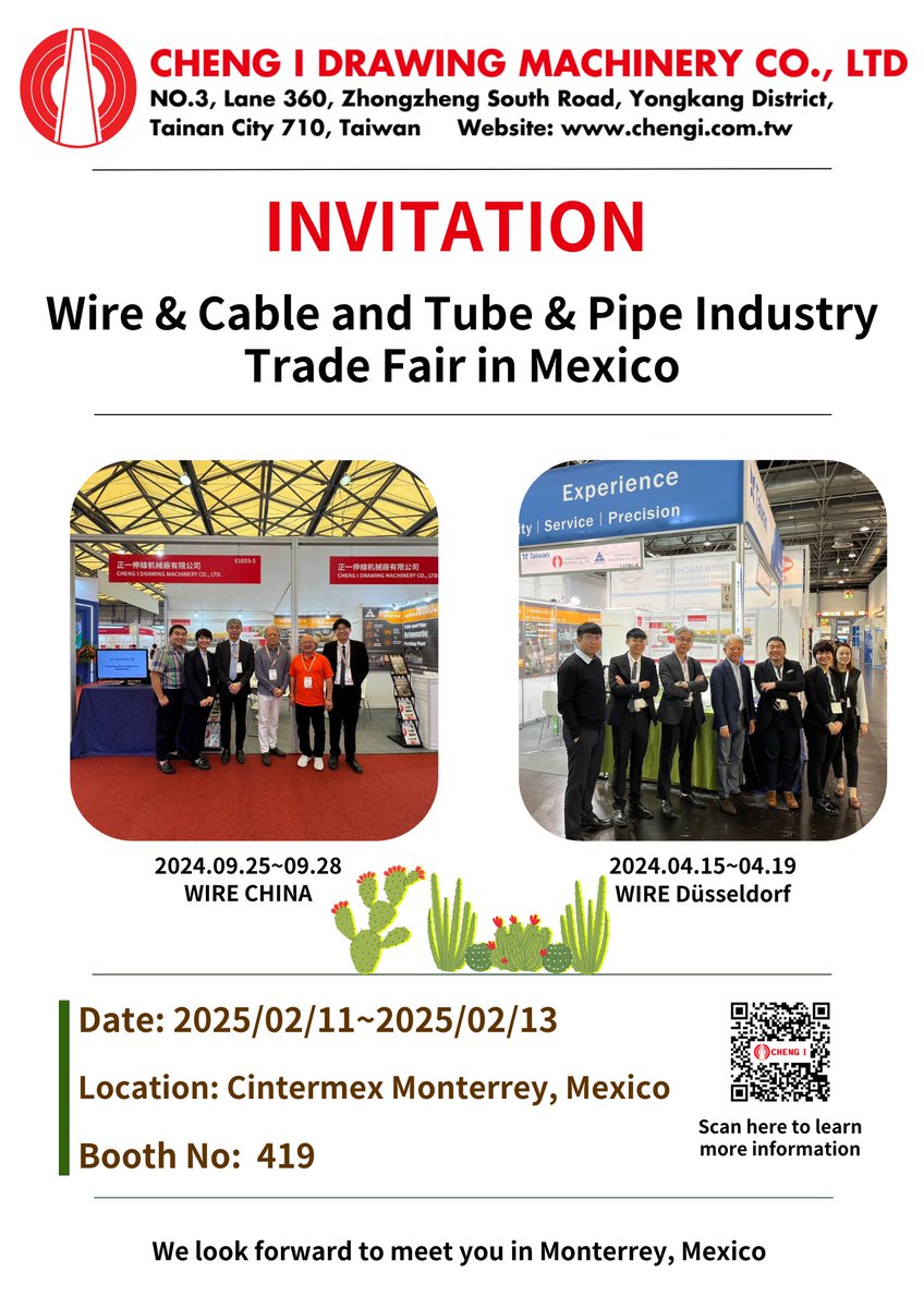 Cheng_I_drawing's tweet image. 🎉正一伸線機械は初めてWire Mexico 2025に参加します！
最新の線材製造設備をご紹介し、世界中の専門家と交流する絶好の機会です。
📅日程：2025年2月11日~2025年2月13日
📍場所：Cintermex Monterrey, Mexico
ぜひ私たちのブースへお立ち寄りください！
#伸線 #伸線機 #wiredrawingmachine #wireshow