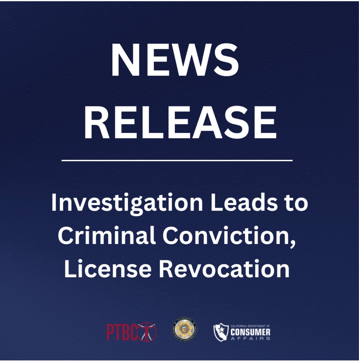 CaliforniaDCA's tweet photo. Division of Investigation and @PTBCnews consumer protection efforts leads to physical therapy assistant’s license revocation and evidence that supported local criminal case. Read the full release:  https://t.co/vqUbn2GnC1 https://t.co/16C2VPVDZ3