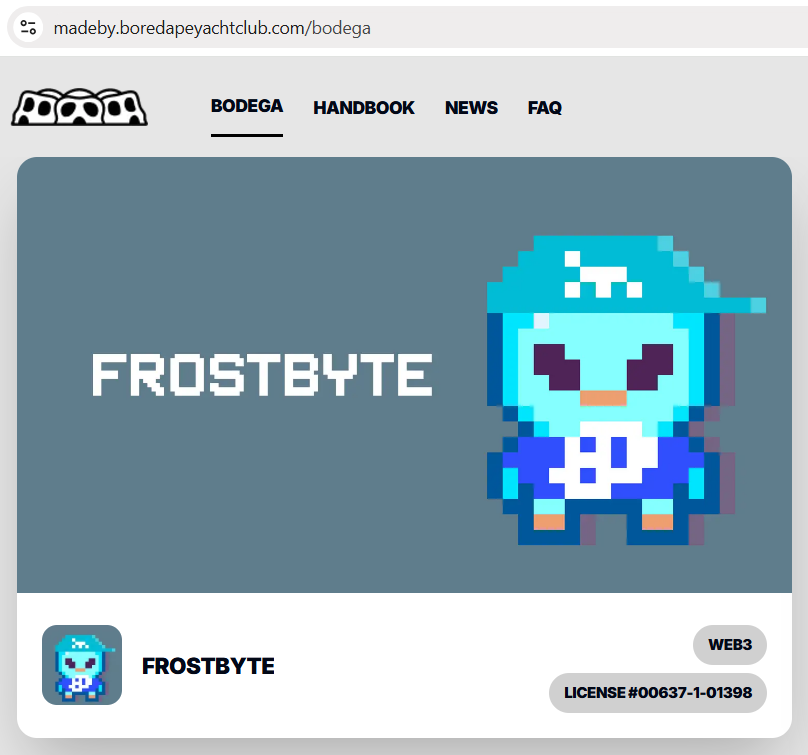 FrostbyteOnApe's tweet image. GM Frosties.

We are now proud holder of Made by Apes license #637. Check us out on the BAYC bodega official website.
#Frostbyte