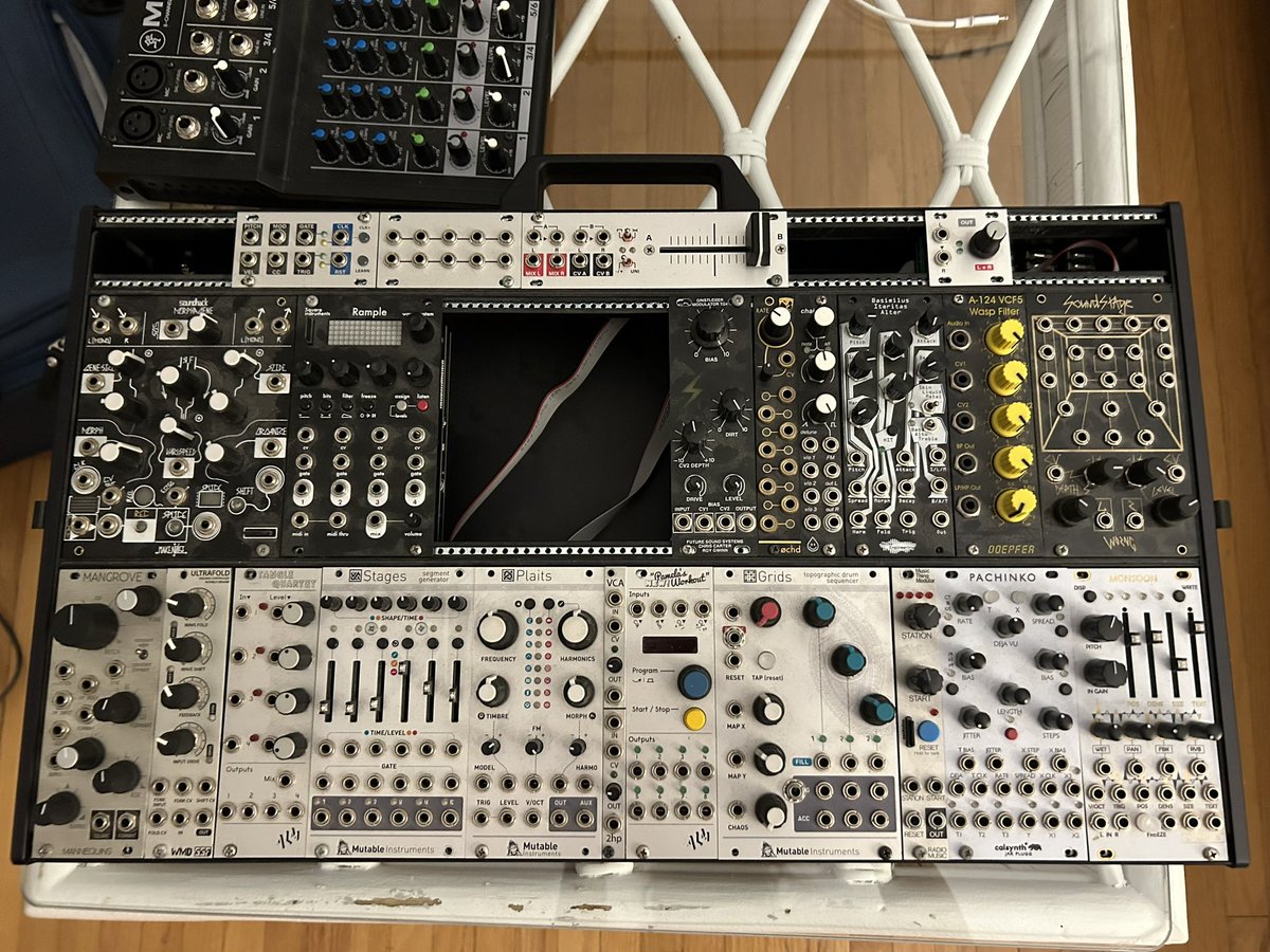 doomgen_'s tweet photo. more detailed shot of the modular rig i put together for the femtanyl record. it was intended to function like a semi-generative drum machine/sample playback/chopper unit but has taken on more of a life as a waveshaper and complex oscillator. rample is the heavy hitter here https://t.co/pqUk0vFQLI