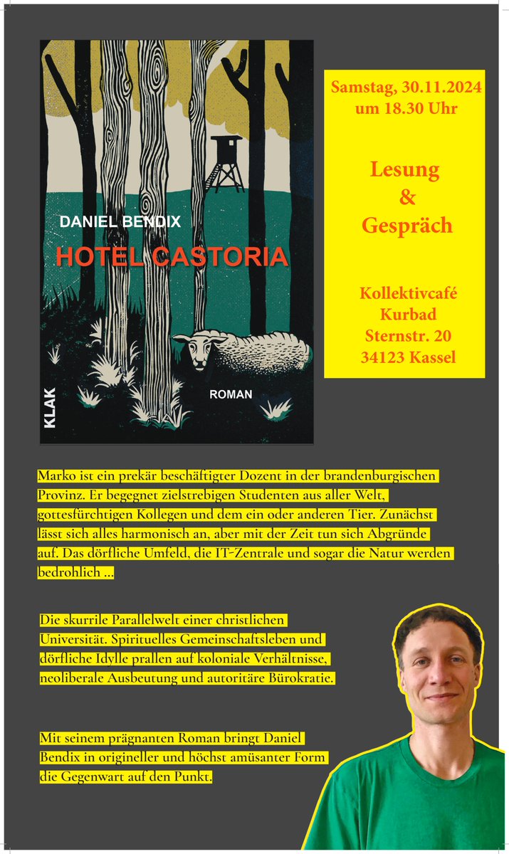Lesung &amp; Gespräch zu Roman "Hotel Castoria" <a href="/klakverlag/">KLAK</a> am 30.11.2024, 18:30 im Kollektivcafé Kurbad, Kassel <a href="/lrgrf/">Lore Graf</a>