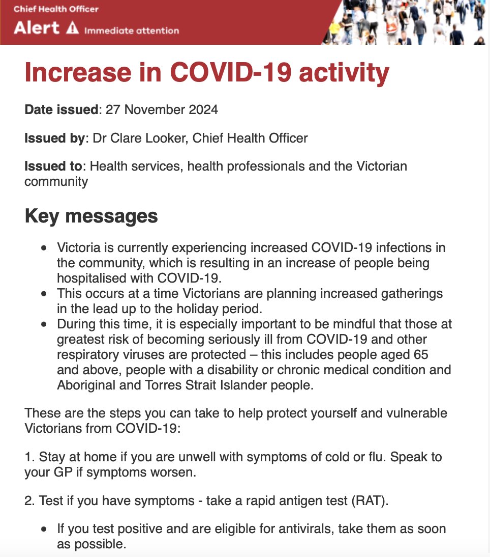 PSA: It's official, Vic is now in the 11th Covid wave.
(Although we already knew that.)
Vic CHO Alert:
"Victoria is currently experiencing increased COVID-19 infections in the community, which is resulting in an increase of people being hospitalised with COVID-19."
1/2