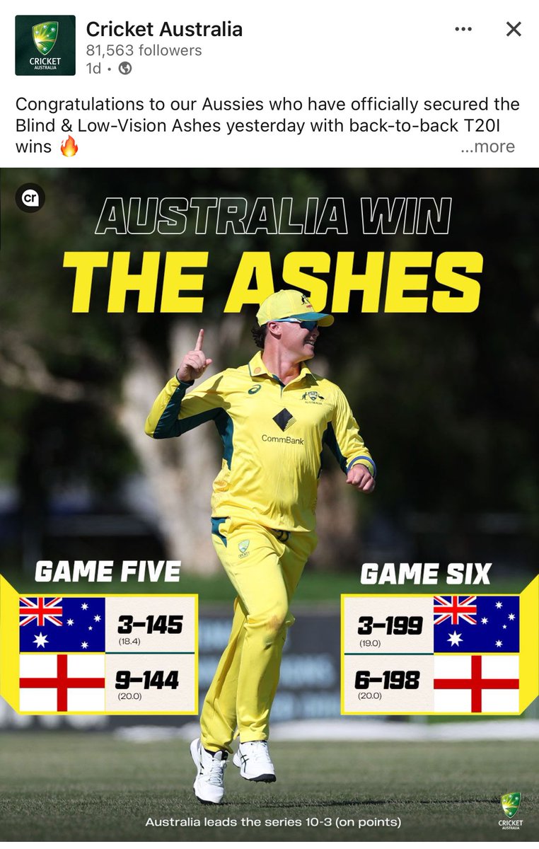Nathan Lyon (@nathlyon421) on Twitter photo Thanks <a href="/AlisonMitchell/">Alison Mitchell</a> for capturing this piece π youtu.be/IvSqwnf-7LM?feβ¦
Huge congratulations to the Australian Blind & Low-Vision Cricket Team for winning the Ashes ππ<a href="/CricketAus/">Cricket Australia</a> <a href="/englandcricket/">England Cricket</a> <a href="/LordsTavAU/">Lord's Taverners AU</a> <a href="/LordsTaverners/">Lord's Taverners</a> #VIAshes Thanks <a href="/AlisonMitchell/">Alison Mitchell</a> for capturing this piece π youtu.be/IvSqwnf-7LM?feβ¦
Huge congratulations to the Australian Blind & Low-Vision Cricket Team for winning the Ashes ππ<a href="/CricketAus/">Cricket Australia</a> <a href="/englandcricket/">England Cricket</a> <a href="/LordsTavAU/">Lord's Taverners AU</a> <a href="/LordsTaverners/">Lord's Taverners</a> #VIAshes
