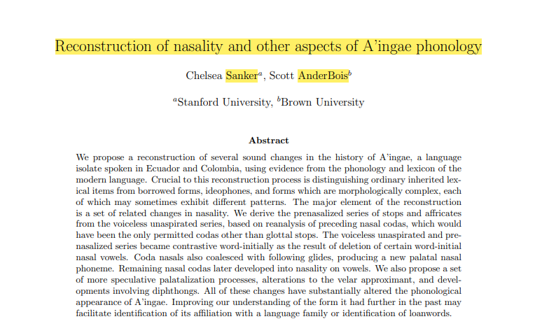 cadernos's tweet photo. A contribuição mais recente (vol. 11, n. 1) aos @Cadernos de Etnolingüística acaba de ser publicada:

Reconstruction of nasality and other aspects of A'ingae phonology
by Chelsea Sanker &amp; Scott AnderBois
https://t.co/AO6p4eGKBH https://t.co/evdLqMv6Cm