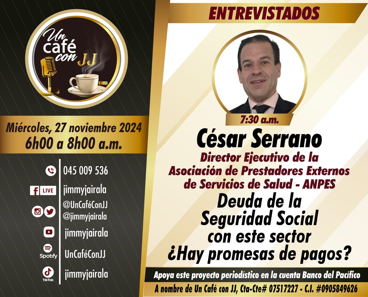 UnCafeConJJ's tweet photo. Mañana en @UnCafeConJJ tendremos a @cesar47serrano. Los esperamos desde las 06:00 por todas nuestras redes sociales. https://t.co/jWCzMiOfJd