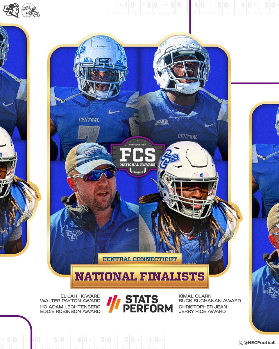 Northeast Conference (@necsports) on Twitter photo 🏈🏅 2024 #NECFB champion <a href="/ccsu_fb/">CCSU Football</a> landed 4️⃣ 𝗙𝗜𝗡𝗔𝗟𝗜𝗦𝗧𝗦 for FCS National Awards!
▫️RB Elijah Howard (Walter Payton Award)
▫️DB Kimal Clark (Buck Buchanan Award)
▫️DB Christopher Jean (Jerry Rice Award)
▫️HC Adam Lechtenberg (Eddie Robinson Award)
Congratulations!👏 🏈🏅 2024 #NECFB champion <a href="/ccsu_fb/">CCSU Football</a> landed 4️⃣ 𝗙𝗜𝗡𝗔𝗟𝗜𝗦𝗧𝗦 for FCS National Awards!
▫️RB Elijah Howard (Walter Payton Award)
▫️DB Kimal Clark (Buck Buchanan Award)
▫️DB Christopher Jean (Jerry Rice Award)
▫️HC Adam Lechtenberg (Eddie Robinson Award)
Congratulations!👏