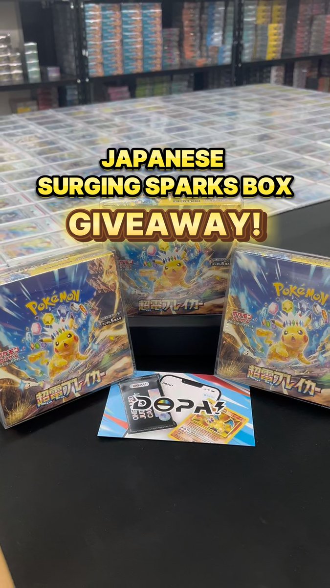 DOPAcard's tweet photo. 🚨 GIVEAWAY on Instagram! 🚨

https://t.co/9dEWhvonXd

Follow our Instagram account (@dopacard) and leave a comment for a chance to win a box of JAPANESE Surging Sparks! 🎁✨
Three winners will be selected, and the deadline is 12/3.

Our account is brand new, so your chances of winning might be pretty high!👀
Check it out now:
https://t.co/9dEWhvonXd

Don’t miss this opportunity! 🎉