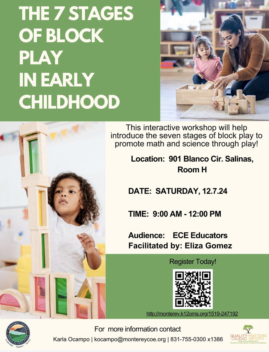🖍️Ready to play and learn with blocks to foster math and science skills? Join us Saturday, 12/7, in person from 9 - 11 a.m. Details below. Register today at: monterey.k12oms.org/eventdetail.ph…