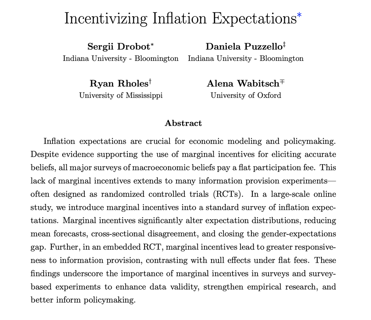 📄 New Working Paper!

Full paper: tinyurl.com/5697hzyn

Household inflation expectations are key to modern macroeconomics and policymaking, yet often elicited without marginal incentives, relying instead on flat participation fees. What happens if we incentivize them? A lot: