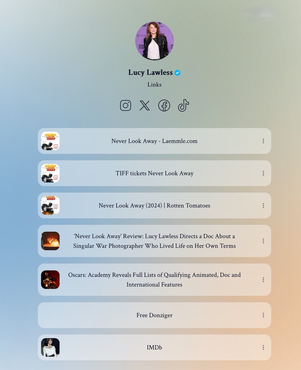 Megan Hubbell (@meganhubbell) on Twitter photo My pal <a href="/RealLucyLawless/">Lucy Lawless</a> has a new VERIFIED Linktree 🥳 Updates for her new Documentary #NeverLookAway will be on this Linktree, her new Facebook, Instagram and YES, Lucy has TikTok! Each platform features slightly different content so make sure to follow her everywhere! My pal <a href="/RealLucyLawless/">Lucy Lawless</a> has a new VERIFIED Linktree 🥳 Updates for her new Documentary #NeverLookAway will be on this Linktree, her new Facebook, Instagram and YES, Lucy has TikTok! Each platform features slightly different content so make sure to follow her everywhere!