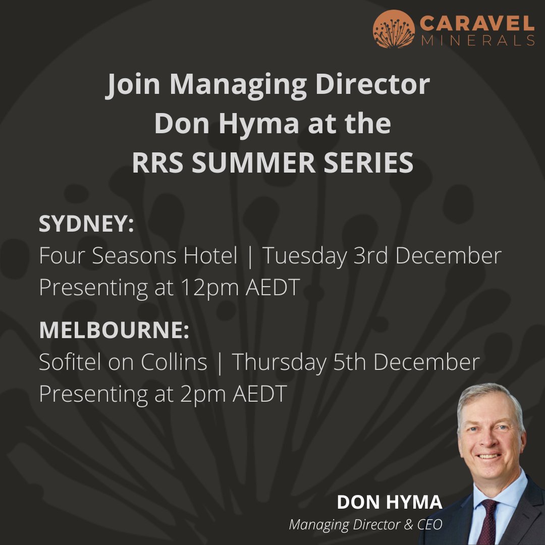 CaravelMinerals's tweet image. Join Managing Director Don Hyma at the @RR_Stars Summer Series in Sydney & Melbourne next week for his presentation & at the Caravel Minerals booth.
Attendance is free & secure your seat here:
rrsinvestor.com
$CVV #copper #exploration #criticalmetals #WA