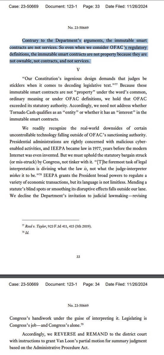 Richard Heart (@richardheartwin) on Twitter photo Circuit Judges Jones, Willett, and Engelhardt in the United States Court of Appeals for the Fifth Circuit have struck down the administrative state's sanction of TornadoCash. 
"Contrary to the Department’s arguments, the immutable smart contracts are not services. So even when Circuit Judges Jones, Willett, and Engelhardt in the United States Court of Appeals for the Fifth Circuit have struck down the administrative state's sanction of TornadoCash. 
"Contrary to the Department’s arguments, the immutable smart contracts are not services. So even when