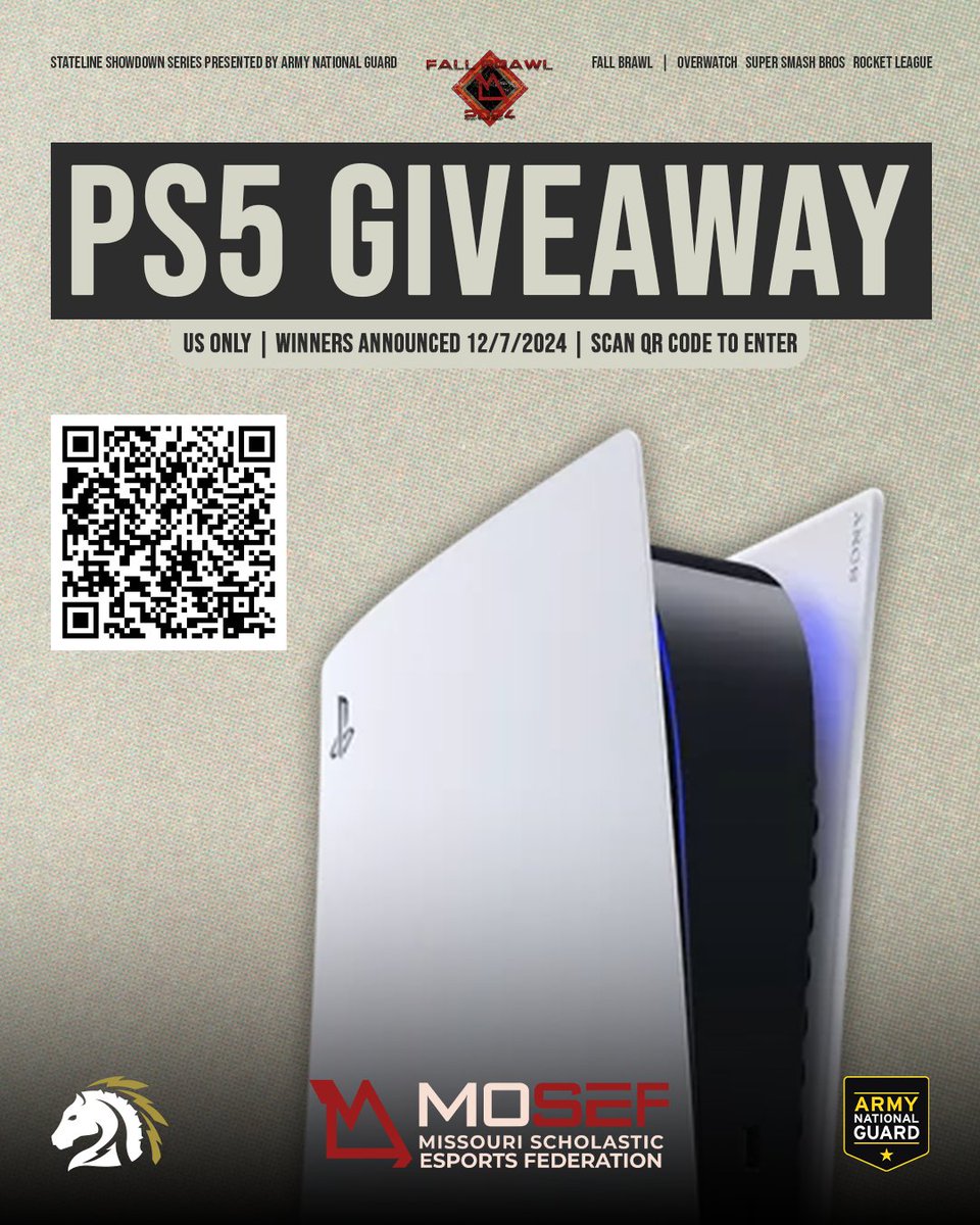 🎮🔥 ONE MORE GIVEAWAY! 🔥🎮

In celebration of the <a href="/moseforg/">Missouri Scholastic Esports Federation</a> Fall Brawl we’re giving away a PS5 thanks to the <a href="/NationalGuard/">National Guard</a>! 🎮✨

The winner will be announced on December 7th, scan the QR code to enter (or click the link below)! 🎯