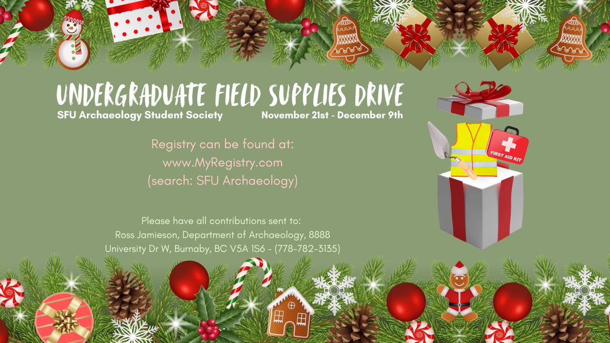SFUArchaeology's tweet photo. This season the SFU Arch Student Society wants to help undergrads who are low on funds, by creating 3 “field kits” to loan out for field school.  Please check out our gift registry to contribute.  Thank you @geekdelphi for organizing this amazing campaign!
https://t.co/61AslFOVjB https://t.co/vsnquGttIr