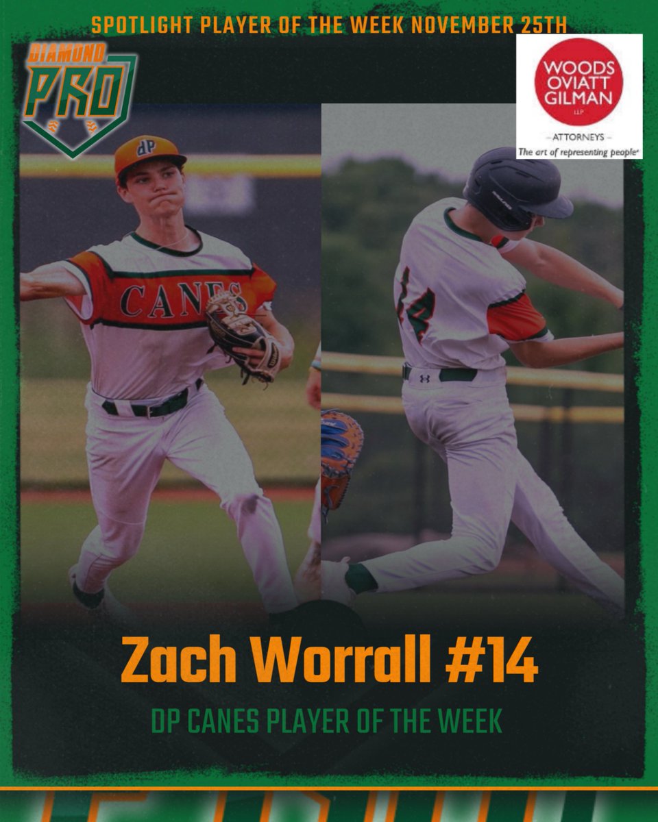 🎉 Congrats to our <a href="/WoodsOviatt/">Woods Oviatt Gilman LLP</a> DP Canes Player of the Week, Zach Worrall (17U)! ⚾️ Zach ended summer with a .419 AVG and 6 XBH. 💥 Now he’s grinding this off-season, adding 10+ lbs to his 6'1" frame. Big things to come from this dynamic athlete out of Victor HS. #DPnation