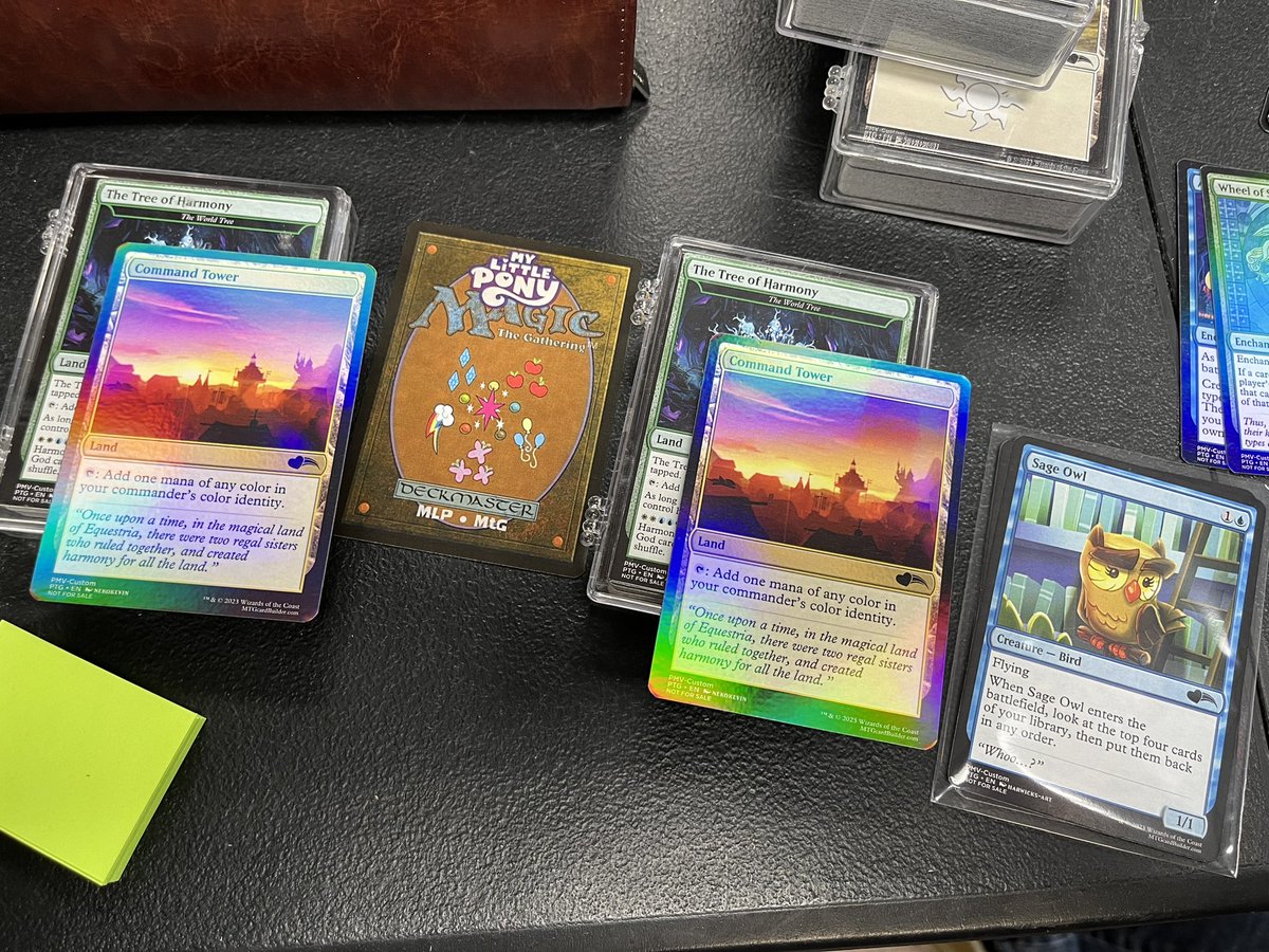 Finally got another batch of #MLP customized art #MtG cards printed up to give away to some friends!

Tried printing some in foil. They look decent, but doubt I'll get anymore.

(All credit to <a href="/Depeche_Maud/">Depeche Maud 🔜 NeighCon</a> for the custom MLP-MtG backing in the second photo.)