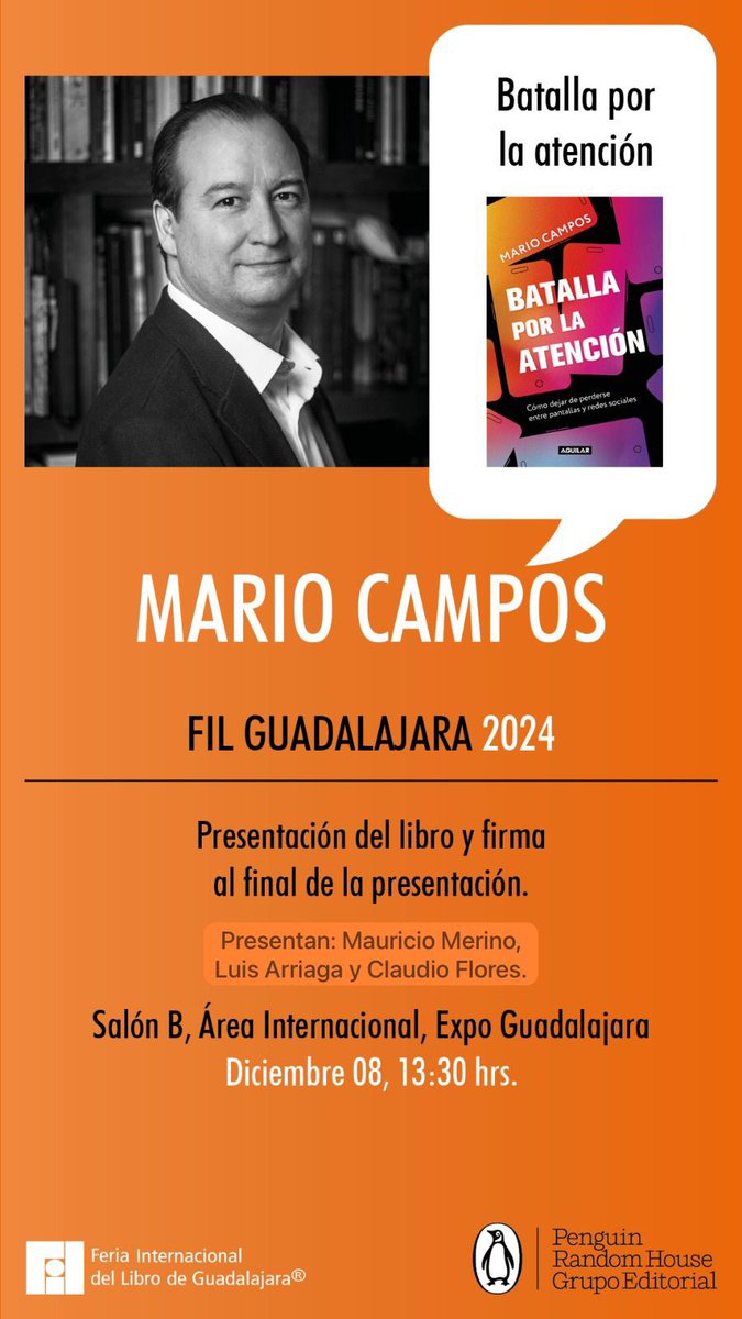 Si andarán por la FIL Guadalajara, nos vemos para platicar de La Batalla por la Atención. 
Domingo 8. 13:30