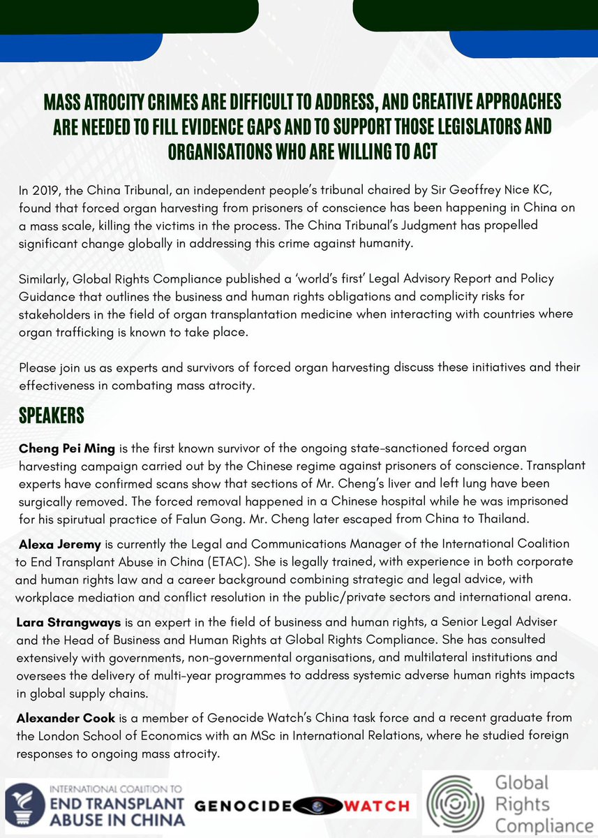 Please join us for a webinar on strategies to end forced organ harvesting in China on Thursday, December 5th. Register for the online event here: tinyurl.com/3383nv5y