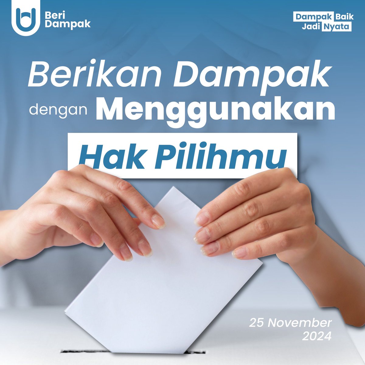 BeriDampakcom's tweet photo. Pilkada 2024 adalah panggung rakyat untuk memilih pemimpin terbaik. 

Jangan diam saja, gunakan hak pilihmu dan buktikan bahwa kamu peduli pada Indonesia yang lebih baik.

#BeriDampak #DampakBaikJadiNyata #BD #Pilkada2024 https://t.co/BrrTxaDX0K