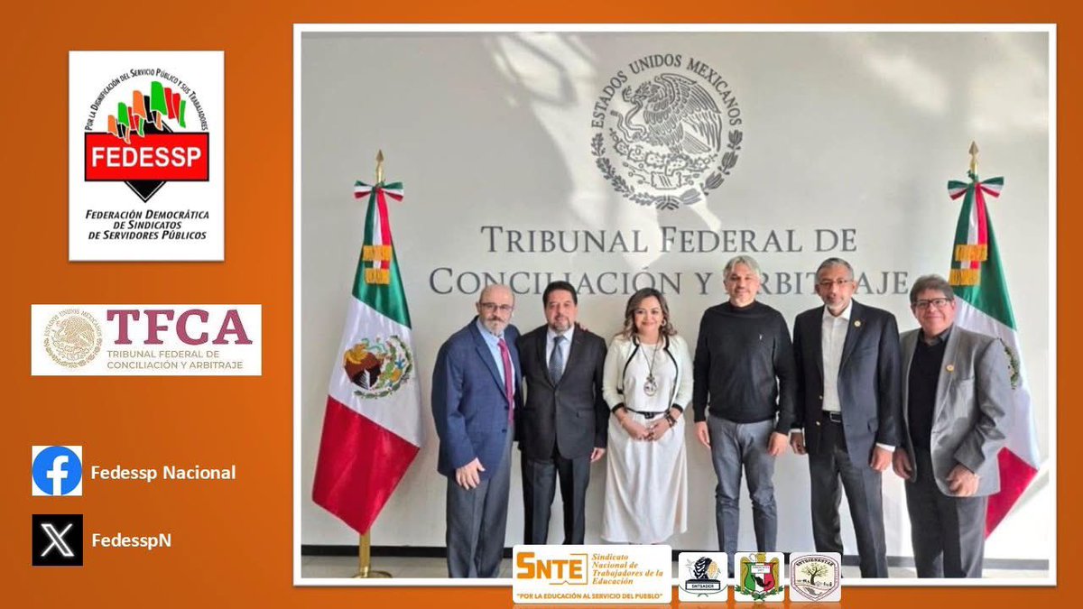 #Enterate
La Presidencia Colegiada Nacional de la <a href="/FedesspN/">FEDESSP Nacional</a>, integrada por:
Mtro. <a href="/agusaviles1/">Agustín Avilés</a>, Lic. <a href="/pedrojoseescar3/">pedro jose escarcega delgado</a>, Lic. Víctor B. López Carranza y Mtra. <a href="/marudavalos29/">Maru Dávalos</a>; hacen acto de presencia en el <a href="/TFCA_mx/">Tribunal Federal de Conciliación y Arbitraje</a> con el Magistrado Presidente Mtro. <a href="/Luis_diazdeleon/">José Luis Rodríguez Díaz de León</a>