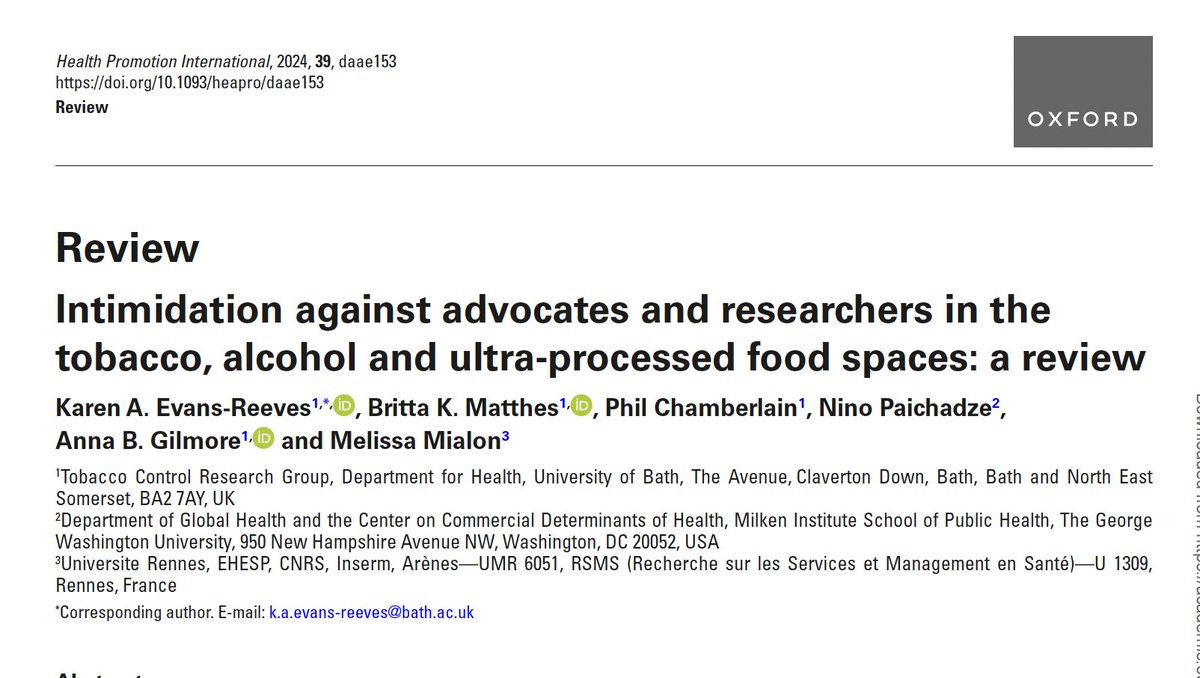 Center on Commercial Determinants of Health (CCDH) (@ccdh_gwsph) on Twitter photo From legal threats to being publicly discredited, advocates & researchers in #PublicHealth face intimidation from tobacco, alcohol, & ultra-processed food industries—a serious #CDoH. A new scoping review, co-authored by <a href="/NPaichadze/">Nino Paichadze</a>, unpacks these tactics & responses across From legal threats to being publicly discredited, advocates & researchers in #PublicHealth face intimidation from tobacco, alcohol, & ultra-processed food industries—a serious #CDoH. A new scoping review, co-authored by <a href="/NPaichadze/">Nino Paichadze</a>, unpacks these tactics & responses across