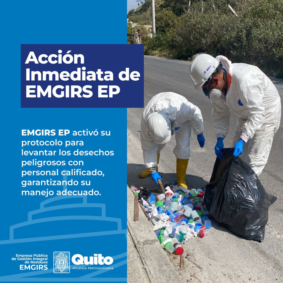 EMGIRSEP's tweet photo. ♻️ #QuitoSostenible | Ante emergencias relacionadas con la inadecuada disposición de desechos peligrosos ⚠️, actuamos de forma inmediata para ofrecer soluciones efectivas frente a estos actos irresponsables. ✅

Fomentamos la conciencia ciudadana sobre la correcta gestión de estos residuos, evitando riesgos para la salud 🏥 y el medio ambiente 🌎.

Con gestión responsable, #QuitoRenace 🙌🏽 🌱
