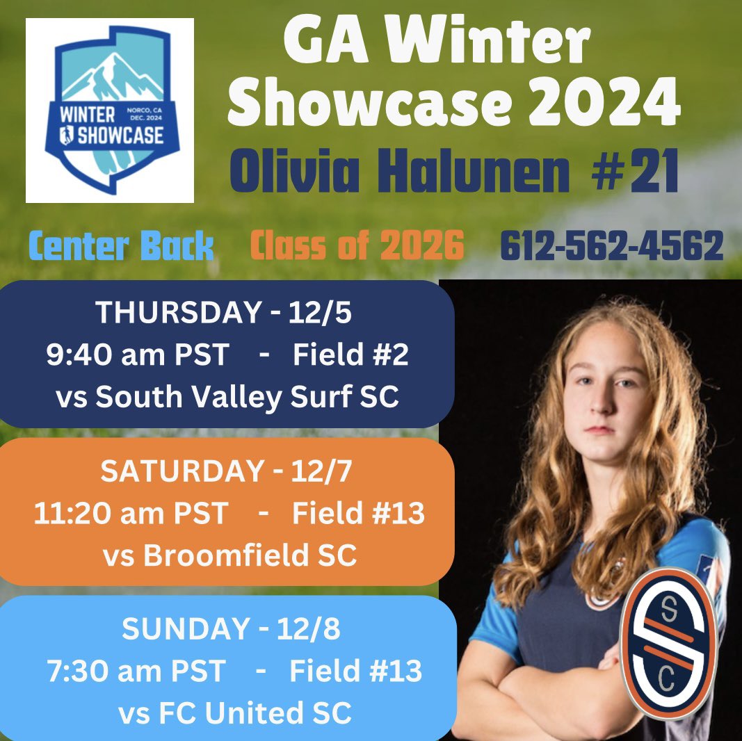 Olivia Halunen (@oliviahalunen) on Twitter photo Almost GA showcase time! Here’s my schedule for when my team and I kick off in Cali next week! Can’t wait!
#GAWinter
<a href="/GAcademyLeague/">Girls Academy</a> <a href="/SalvoSCGA/">Salvo Girls Academy</a> <a href="/ImYouthSoccer/">ECNL/GA/Recruiting/College Soccer</a> <a href="/TheSoccerWire/">SoccerWire</a> <a href="/PrepSoccer/">Prep Soccer ⚽️</a> <a href="/TopDrawerSoccer/">TopDrawerSoccer</a> Almost GA showcase time! Here’s my schedule for when my team and I kick off in Cali next week! Can’t wait!
#GAWinter
<a href="/GAcademyLeague/">Girls Academy</a> <a href="/SalvoSCGA/">Salvo Girls Academy</a> <a href="/ImYouthSoccer/">ECNL/GA/Recruiting/College Soccer</a> <a href="/TheSoccerWire/">SoccerWire</a> <a href="/PrepSoccer/">Prep Soccer ⚽️</a> <a href="/TopDrawerSoccer/">TopDrawerSoccer</a>