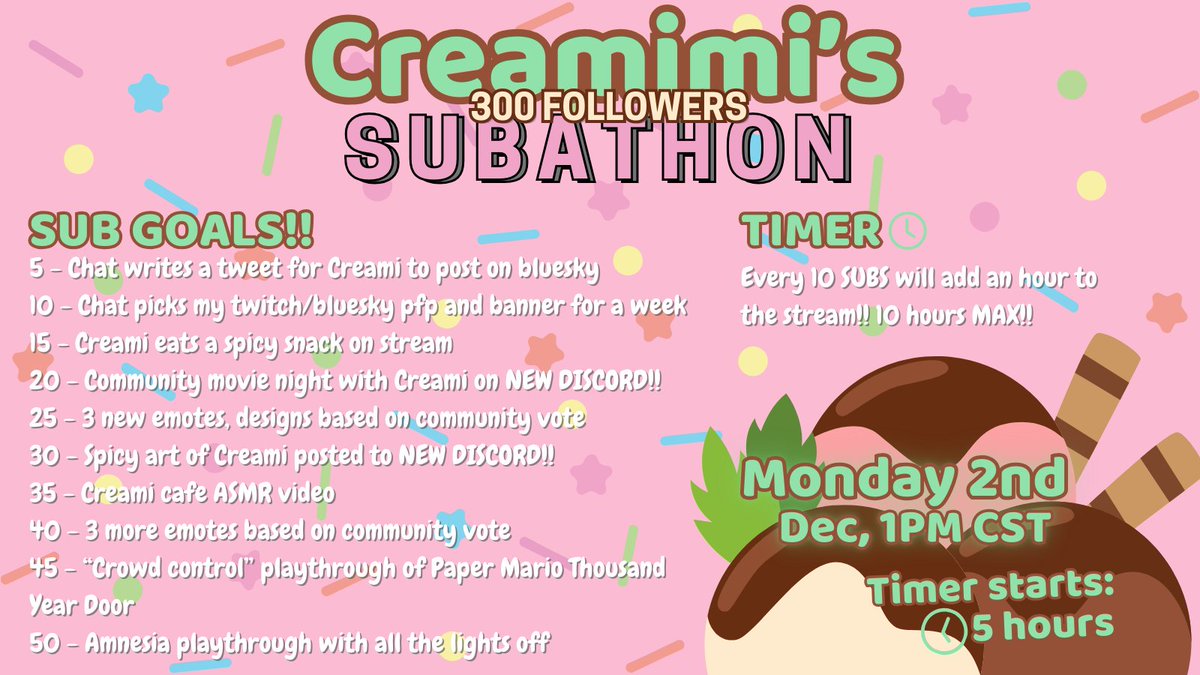 CreamimiVT's tweet photo. Did some one say Subathon?!?! 👀 Thank you all so much for helping me reach 300 followers, I can't wait to have a fun subathon and many more fun streams to come!! See you on the 2nd ;3 https://t.co/pSPmYGlrUb
