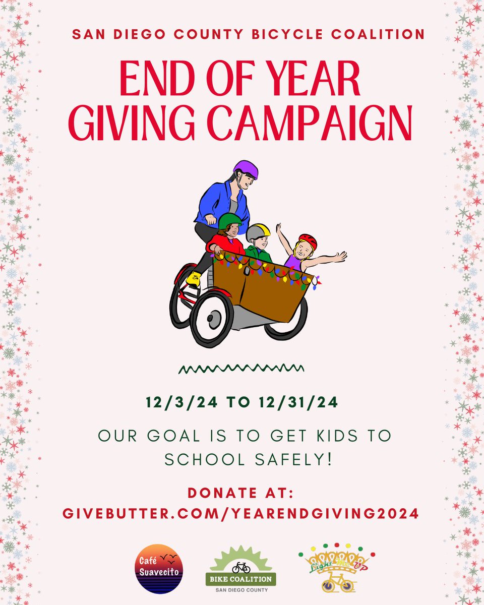 This #GivingTuesday kicks off our End of Year Giving Campaign for safer rides to school! 🚴‍♀️ Support bike safety for kids today: givebutter.com/YearEndGiving2… #BikeSD 🚦