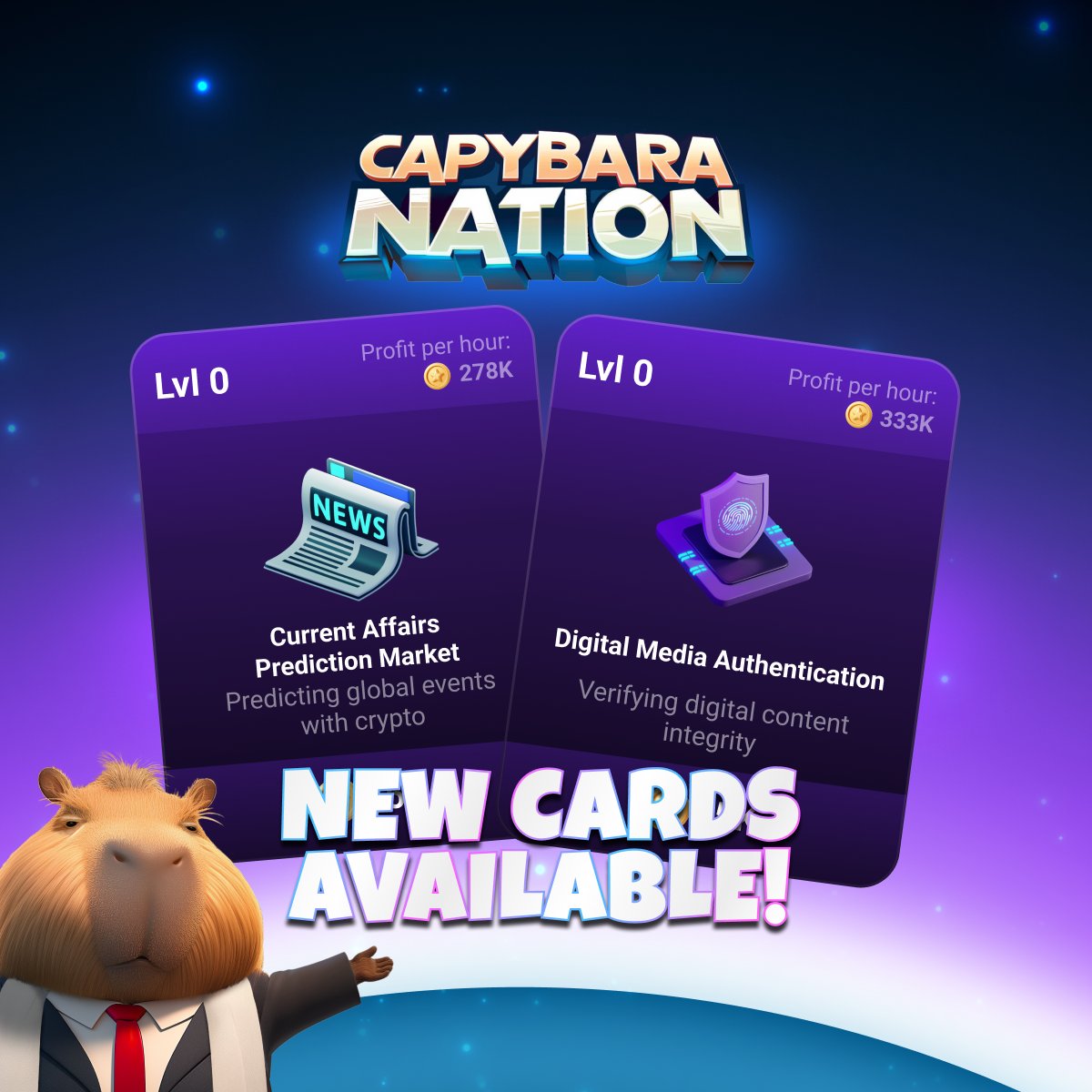 🚀 New Web3 Cards 🚀 Get ready to level up with these game-changing  additions! 📈 Current Affairs Prediction Market - Make your predictions  about $BARA and reap those sweet rewards! 🔎 Digital
